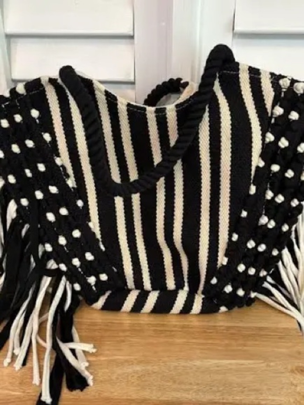 Black & White Striped Fringe Tote Bag - Picture 3 of 7